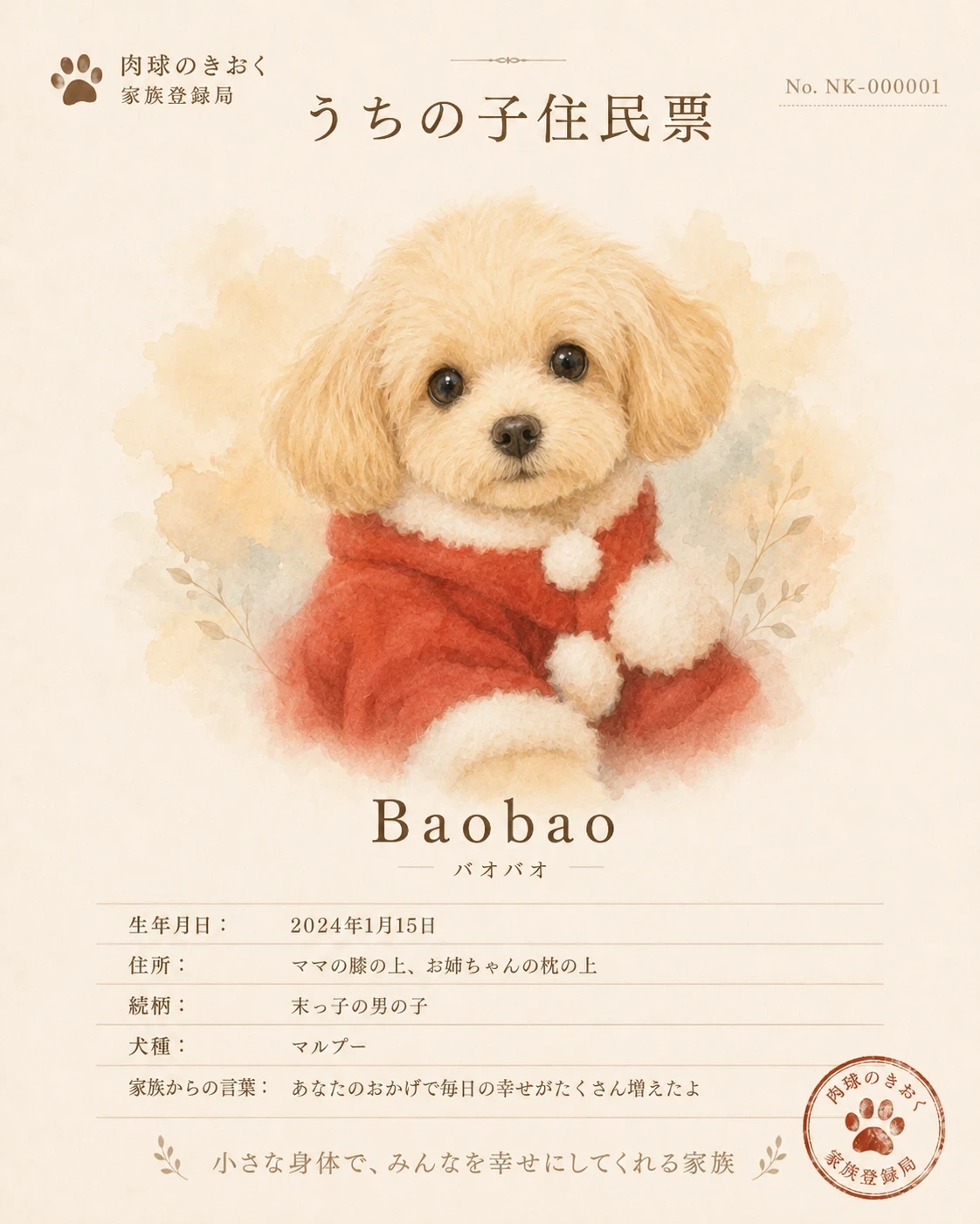 BONDAのうちの子住民票。水彩で描かれたBaobao。
